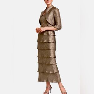 R&M Richards Champagne Tiered Dress & Bolero Jacket Set Beaded Waist Size 10